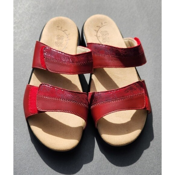 SAS Ruby / Cabernet Red Nudu Leather Sandals Slip On Slides Size 9.5W Adjustable - Picture 1 of 11